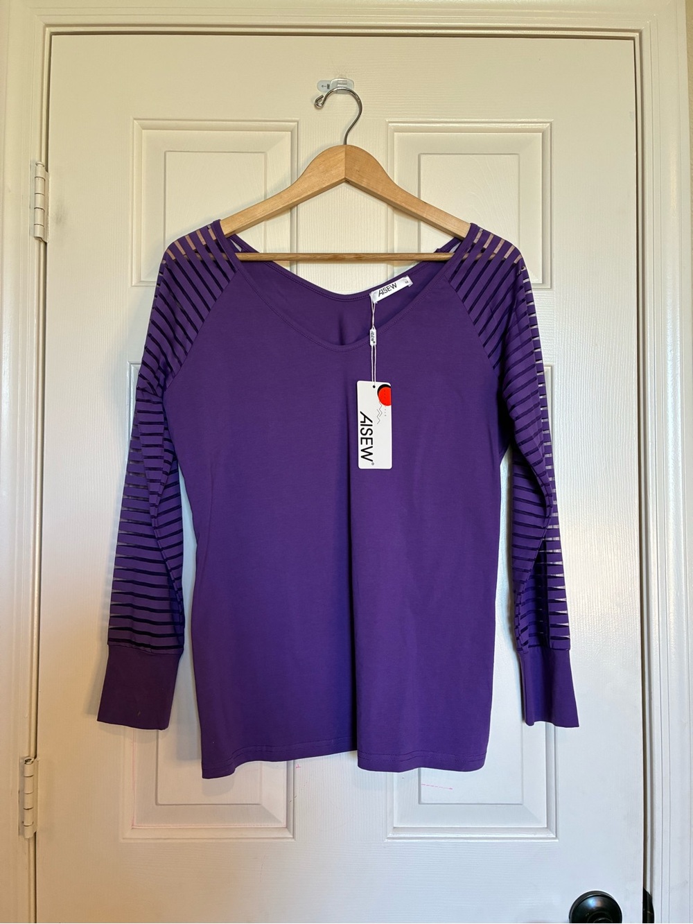 Purple Long-Sleeve Stripe Mesh Sleeve Top